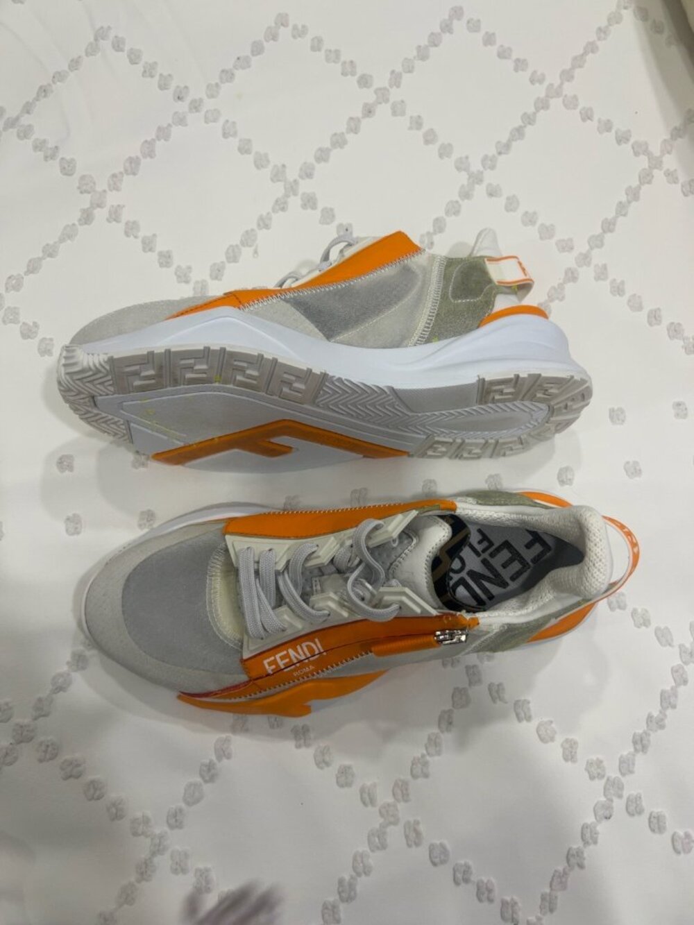Authentic Fendi Flow Sneakers White Orange Gray Logo Chunky Sneakers Women's